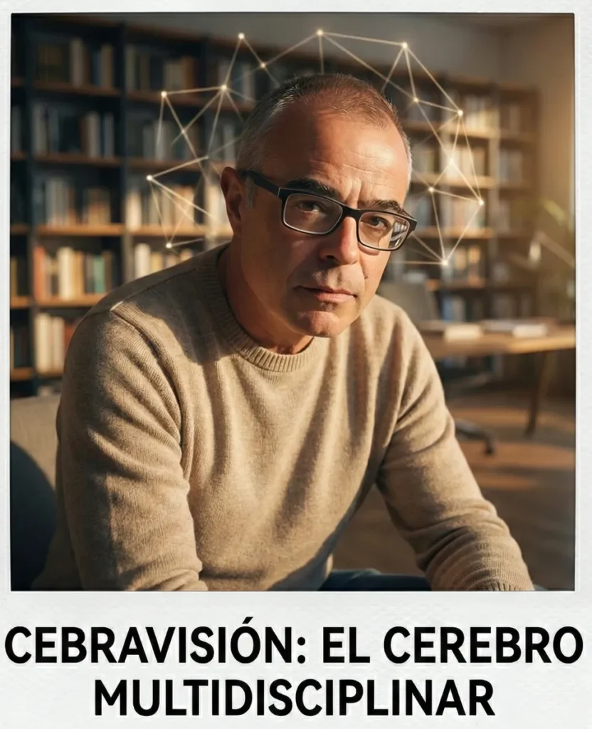 Hombre con gafas (Diario de una Cebra) representando el concepto de cerebro multidisciplinar y sobreexcitabilidades de Dabrowski en un entorno de estudio.