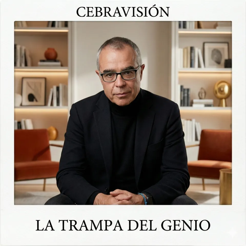 Hombre con expresión analítica en biblioteca oscura, representando el pensamiento divergente y la soledad del genio creativo en AACC