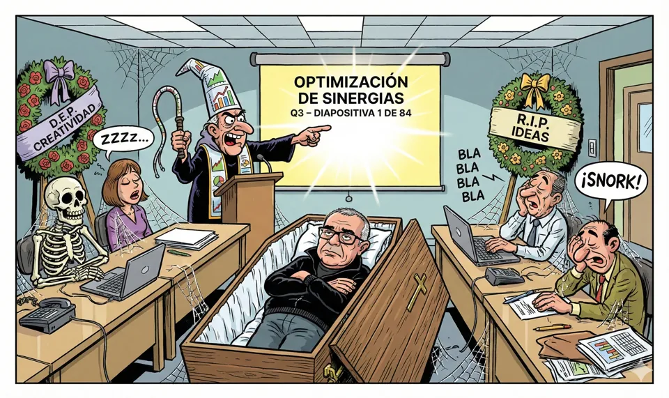 Hoy he asistido a mi propio funeral. No había flores ni música triste, solo un proyector parpadeante y una presentación de PowerPoint con 84 diapositivas titulada "Optimización de Sinergias Q3".