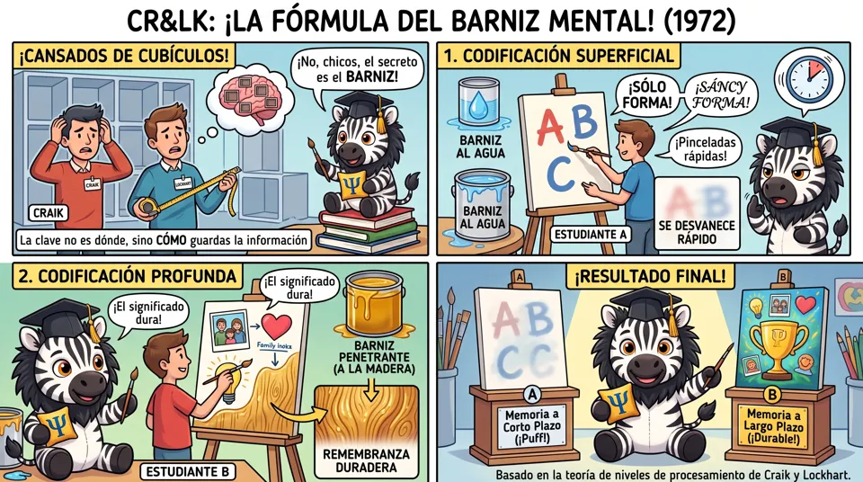 Cansados de medir habitaciones, Craik y Lockhart cambiaron el enfoque en mil novecientos setenta y dos con sus niveles de procesamiento. Dijeron que la clave no es la habitación donde guardas el lienzo. La clave es el tipo de barniz que aplicas durante el secado.