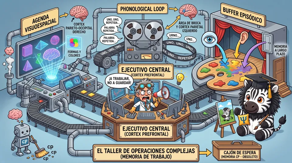 Alan Baddeley y Graham Hitch entendieron en mil novecientos setenta y cuatro que la memoria a corto plazo no es un simple cajón de espera. Es un taller de operaciones complejas. La llamaron memoria de trabajo.