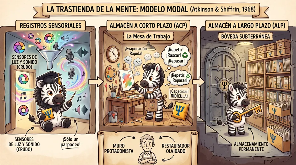 Una década después, Atkinson y Shiffrin diseñaron el mapa de la trastienda con su modelo modal de mil novecientos sesenta y ocho.